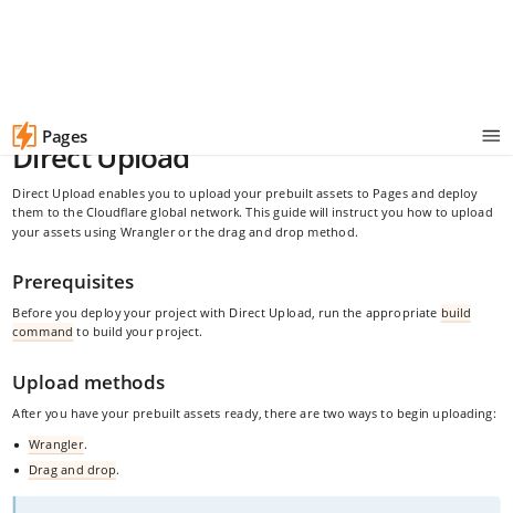 Screenshot of https://developers.cloudflare.com/pages/get-started/direct-upload/#drag-and-drop