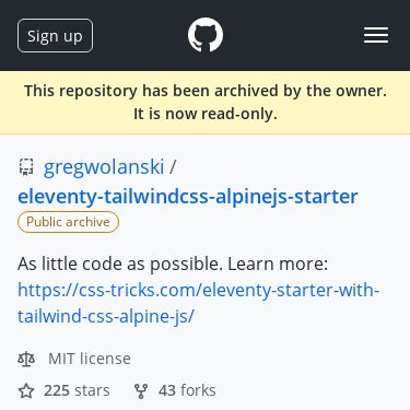 Screenshot of https://github.com/gregwolanski/eleventy-tailwindcss-alpinejs-starter