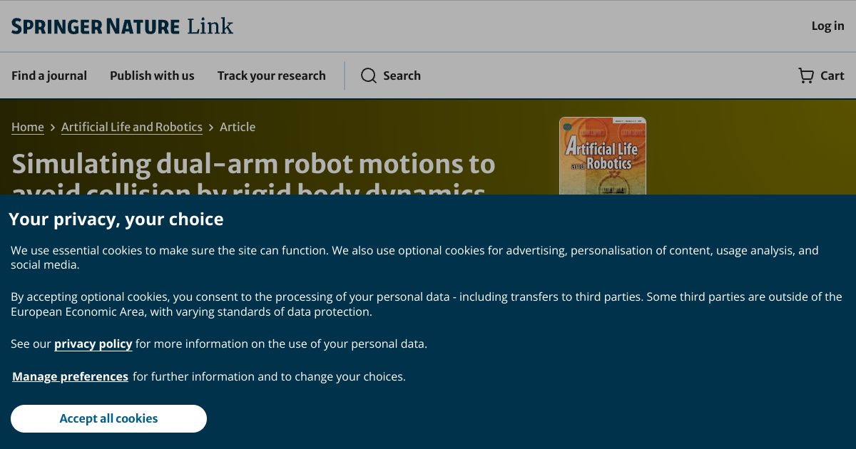 Simulating dual-arm robot motions to avoid collision by rigid body dynamics for laboratory bench work