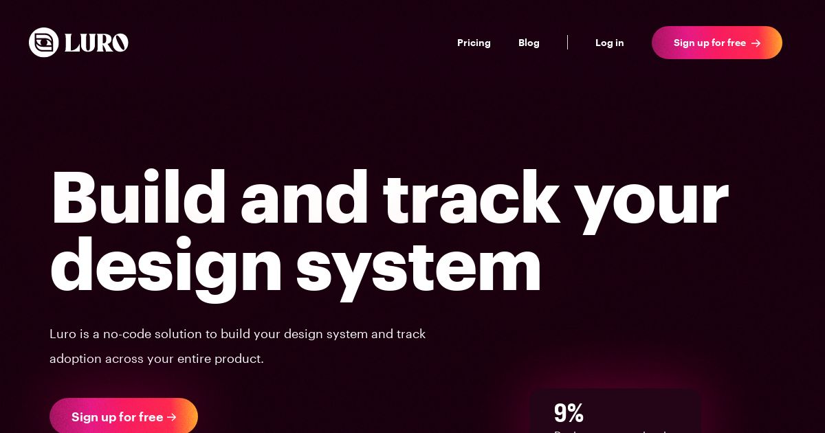 screenshot of luro homepage with heading: build and track your design system