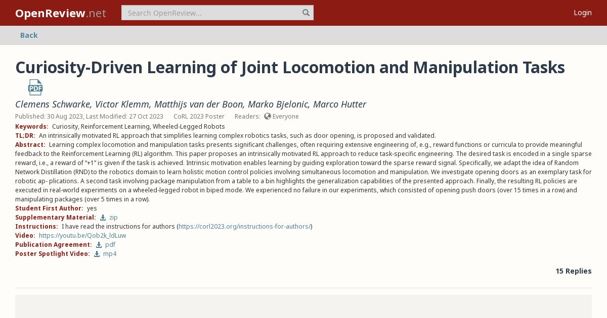 Curiosity-Driven Learning of Joint Locomotion and Manipulation Tasks