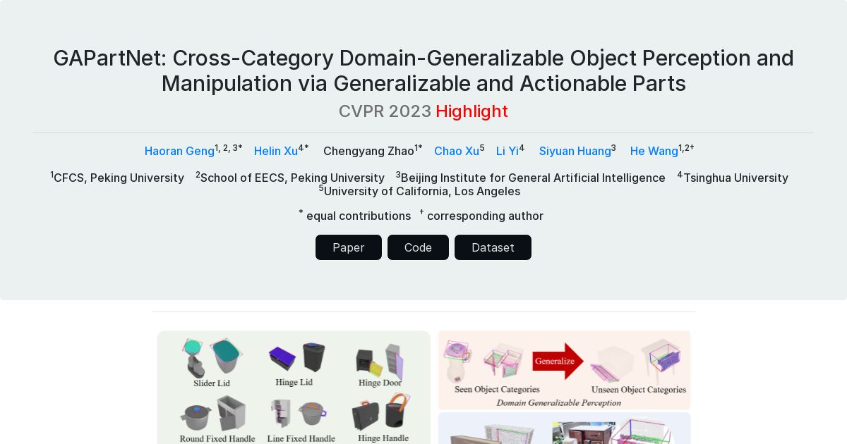 GAPartNet: Cross-Category Domain-Generalizable Object Perception and Manipulation via Generalizable and Actionable Parts. CVPR 2023 highlight.
