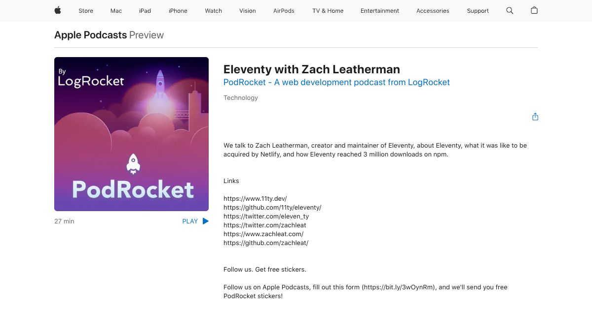 Screenshot image for https://v1.screenshot.11ty.dev/https%3A%2F%2Fpodcasts.apple.com%2Fus%2Fpodcast%2Feleventy-with-zach-leatherman%2Fid1539945251%3Fi%3D1000564676022/opengraph/_x202407_5/