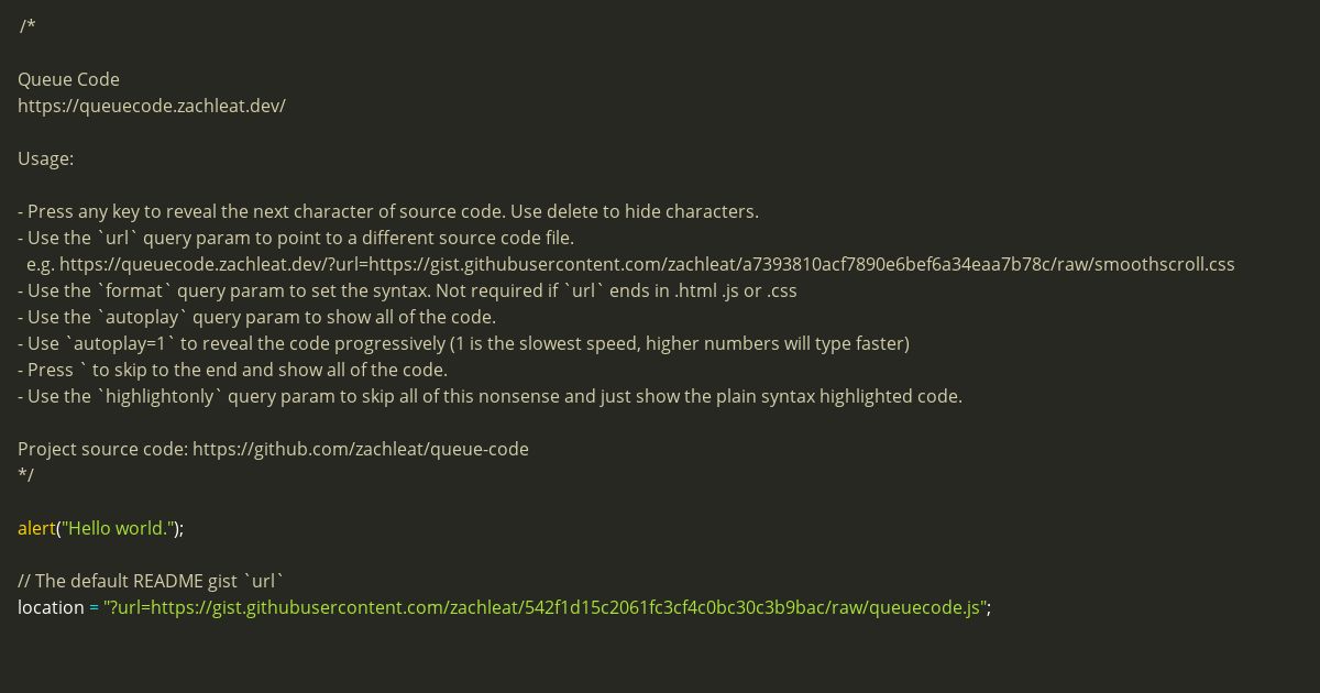 Screenshot image for https://v1.screenshot.11ty.dev/https%3A%2F%2Fqueuecode.zachleat.dev%2F/opengraph/_x202402_0/