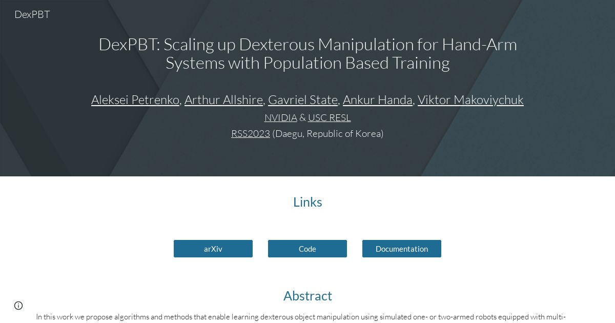 DexPBT: Scaling up Dexterous Manipulation for Hand-Arm Systems with Population Based Training