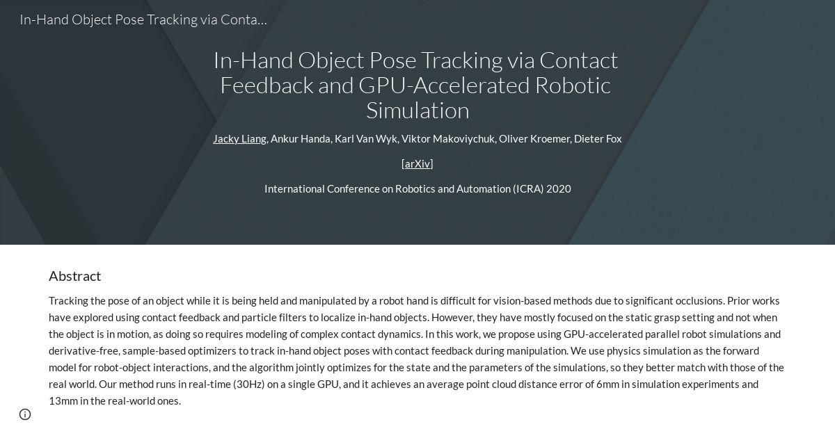 In-Hand Object Pose Tracking via Contact Feedback and GPU-Accelerated Robotic Simulation