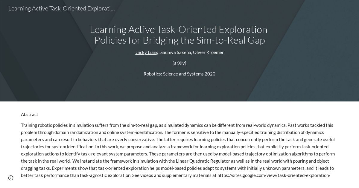Learning Active Task-Oriented Exploration Policies for Bridging the Sim-to-Real Gap