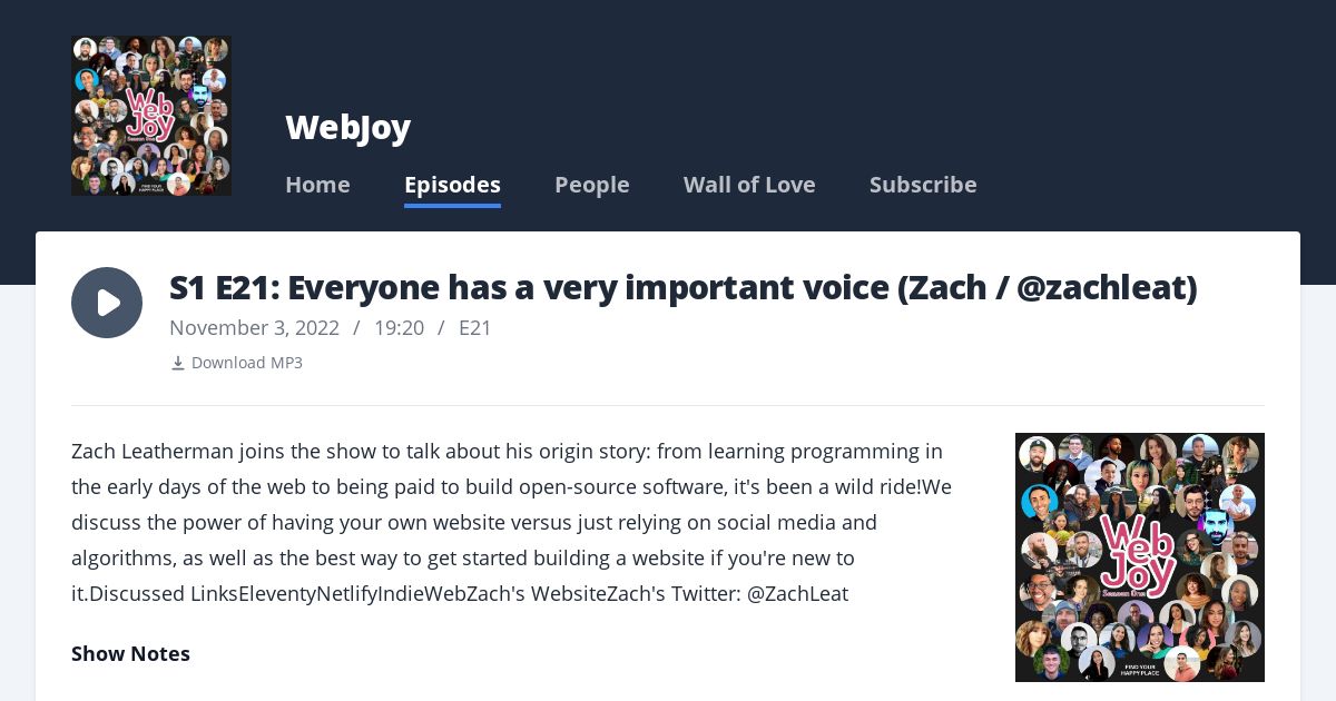Screenshot image for https://v1.screenshot.11ty.dev/https%3A%2F%2Fwebjoy.fm%2Fepisodes%2Fs1-e21-everyone-has-a-very-important-voice-zach-zachleat/opengraph/_x202402_0/