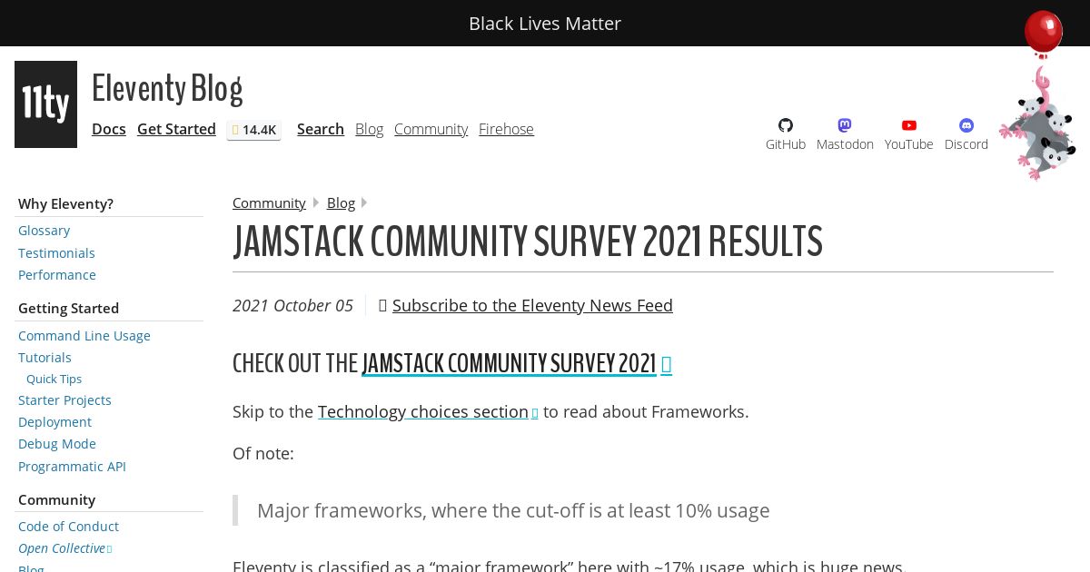Screenshot image for https://v1.screenshot.11ty.dev/https%3A%2F%2Fwww.11ty.dev%2Fblog%2Fjamstack-survey-2021%2F/opengraph/__20211108/