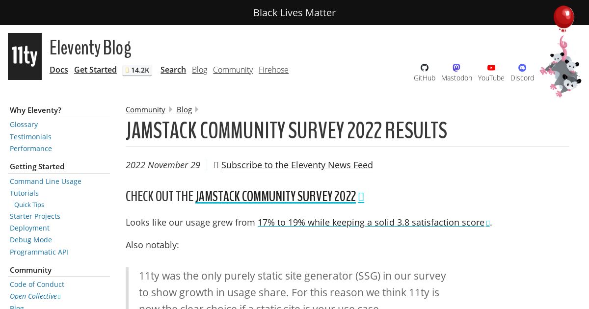 Screenshot image for https://v1.screenshot.11ty.dev/https%3A%2F%2Fwww.11ty.dev%2Fblog%2Fjamstack-survey-2022%2F/opengraph/_z202305_3/
