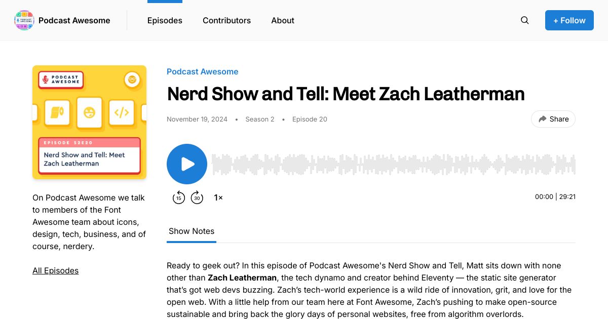 Screenshot image for https://v1.screenshot.11ty.dev/https%3A%2F%2Fwww.podcastawesome.com%2F2092855%2Fepisodes%2F16065652-nerd-show-and-tell-meet-zach-leatherman/opengraph//