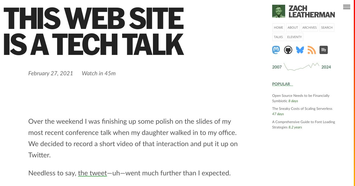 Screenshot image for https://v1.screenshot.11ty.dev/https%3A%2F%2Fwww.zachleat.com%2Fweb%2Fthis-website-is-a-tech-talk%2F/opengraph//